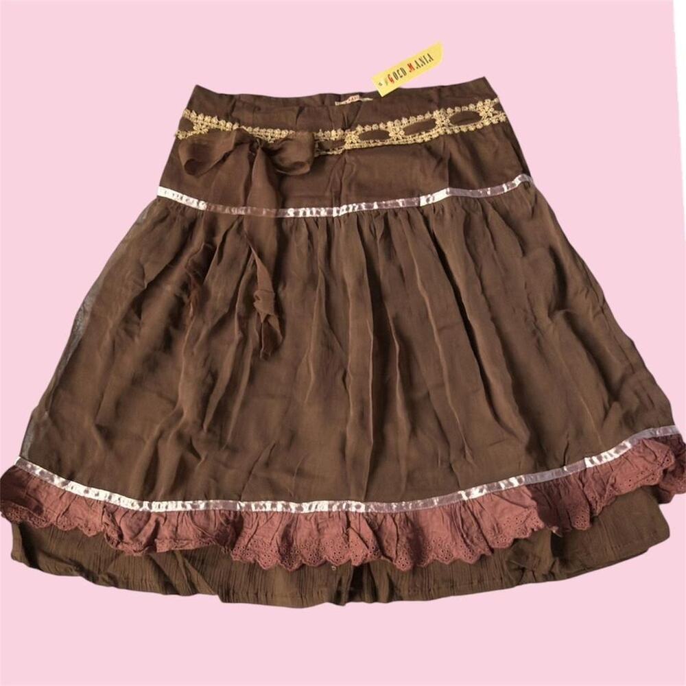 Deadstock Italian brown and gold lace skirt with ribbon detail Size M